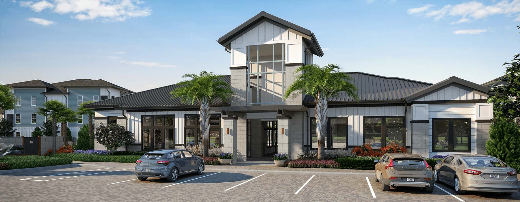 rendering of entrance to Bainbridge Sunlake showing ample parking and tropical landscaping